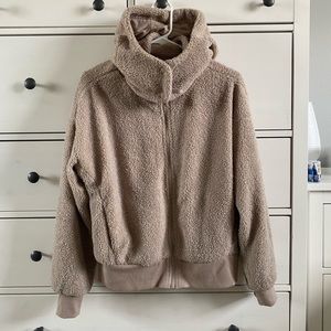 Warm Sherpa Teddy Hooded Jacket in beige tan